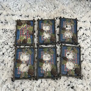 Rustic‎ Switchplate Cabin Pinecone Cover Twig Plaid Blue Wallpaper Lot Of 6
